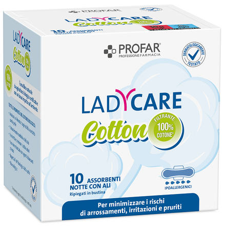 LADYCARE ASSORBENTI COTTON IPOALLERGENICI NOTTE CON ALI 10 PEZZI PROFAR image not present