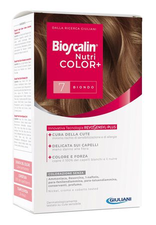 BIOSCALIN NUTRICOLOR PLUS 7 BIONDO CREMA COLORANTE 40 ML + RIVELATORE CREMA 60 ML + SHAMPOO 12 ML + TRATTAMENTO FINALE BALSAMO 12 ML image not present