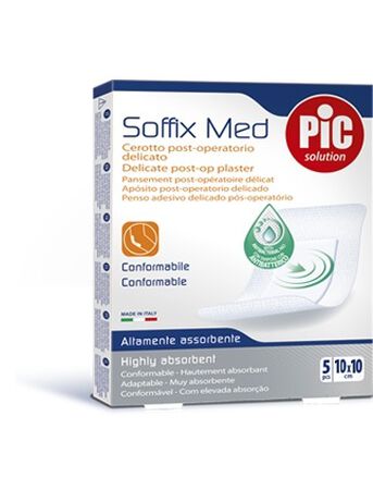 CEROTTO PIC SOFFIX MED IN TNT CON TAMPONE CENTRALE ASSORBENTE STERILE MONOUSO 10X10 CM ANTIBATTERICO 5 PEZZI image not present