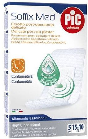 CEROTTO PIC SOFFIX MED IN TNT CON TAMPONE CENTRALE ASSORBENTE STERILE MONOUSO 10X15 CM ANTIBATTERICO 5 PEZZI image not present