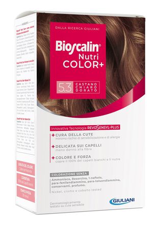 BIOSCALIN NUTRICOLOR PLUS 5,3 CASTANO CHIARO DORATO CREMA COLORANTE 40 ML + RIVELATORE CREMA 60 ML + SHAMPOO 12 ML + TRATTAMENTO FINALE BALSAMO 12 ML image not present