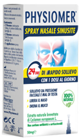 PHYSIOMER SPRAY NASALE SINUSITE 2 PEZZI 1 FLACONE DA 50 MG DI ESTRATTO DI CICLAMINO NATURALE LIOFILIZZATO + 1 FIALE DA 5 ML DI SOLVENTE image not present