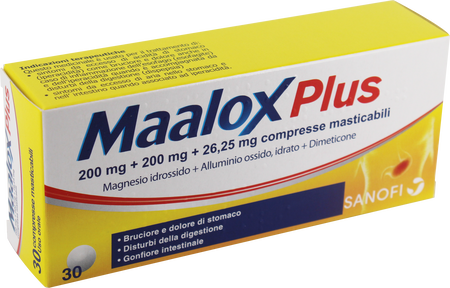 MAALOX PLUS*30 cpr mast 200 mg + 200 mg + 25 mg image not present