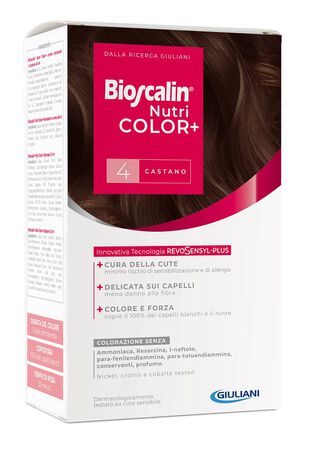 BIOSCALIN NUTRICOLOR PLUS 4 CASTANO CREMA COLORANTE 40 ML + RIVELATORE CREMA 60 ML + SHAMPOO 12 ML + TRATTAMENTO FINALE BALSAMO 12 ML image not present