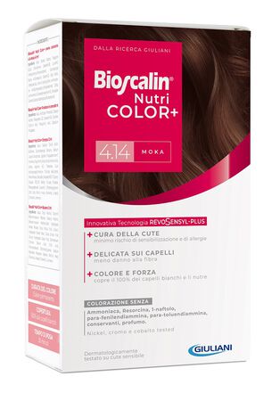 BIOSCALIN NUTRICOLOR PLUS 4,14 MOKA CREMA COLORANTE 40 ML + RIVELATORE CREMA 60 ML + SHAMPOO 12 ML + TRATTAMENTO FINALE BALSAMO 12 ML image not present