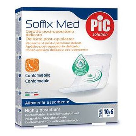 CEROTTO PIC SOFFIX MED IN TNT CON TAMPONE CENTRALE ASSORBENTE STERILE MONOUSO 10X6 CM ANTIBATTERICO 5 PEZZI image not present