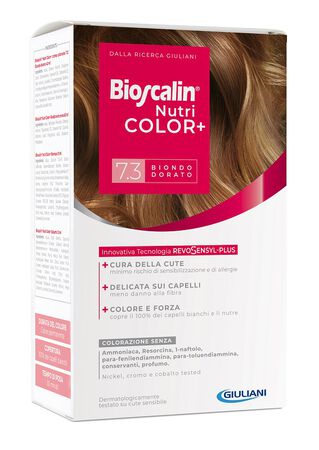 BIOSCALIN NUTRICOLOR PLUS 7,3 BIONDO DORATO CREMA COLORANTE 40 ML + RIVELATORE CREMA 60 ML + SHAMPOO 12 ML + TRATTAMENTO FINALE BALSAMO 12 ML image not present