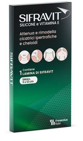 PLACCA IN SILICONE E VITAMINA E SIFRAVIT DIMENSIONI 3X12CM. INDICATA NEL TRATTAMENTO DI CHELOIDI E CICATRICI IPERTROFICHE CONSEGUENTI AD INTERVENTI CHIRURGICI USTIONI E FERITE image not present