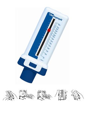 MISURATORE DI PICCO DI FLUSSO ESPIRATORIO. CONSENTE DI SORVEGLIARE EVENTUALI VARIAZIONI DEL FLUSSO FORNENDO INFORMAZIONI SULL'ANDAMENTO DELLA MALATTIA E SULL'EFFICACIA DEI FARMACI image not present