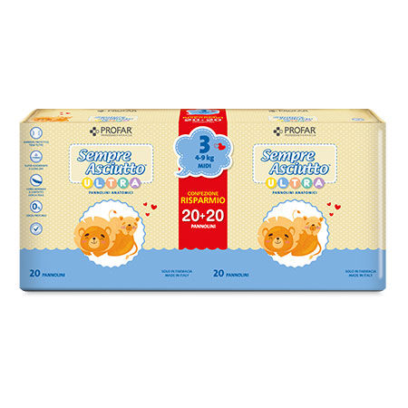 PANNOLINI PROFAR SEMPRE ASCIUTTO ULTRA MIDI 4/9 KG BIPACCO 20+20 PEZZI image not present