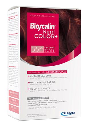 BIOSCALIN NUTRICOLOR PLUS 5,54 CASTANO ROSSO RAME CREMA COLORANTE 40 ML + RIVELATORE CREMA 60 ML + SHAMPOO 12 ML + TRATTAMENTO FINALE BALSAMO 12 ML image not present