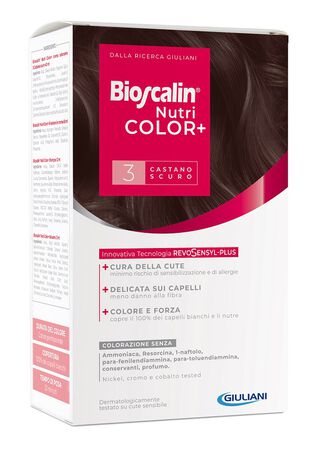 BIOSCALIN NUTRICOLOR PLUS 3 CASTANO SCURO CREMA COLORANTE 40 ML + RIVELATORE CREMA 60 ML + SHAMPOO 12 ML + TRATTAMENTO FINALE BALSAMO 12 ML image not present