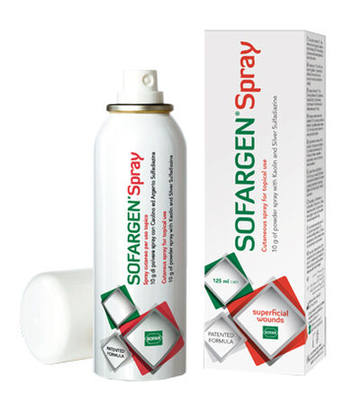 MEDICAZIONE IN POLVERE SPRAY CON CAOLINO E ARGENTO SULFADIAZINA 1% SOFARGEN SPRAY 10 G BOMBOLETTA PRESSURIZZATA 125 ML image not present