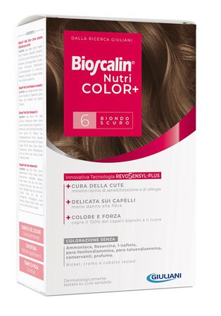 BIOSCALIN NUTRICOLOR PLUS 6 BIONDO SCURO CREMA COLORANTE 40 ML + RIVELATORE CREMA 60 ML + SHAMPOO 12 ML + TRATTAMENTO FINALE BALSAMO 12 ML image not present