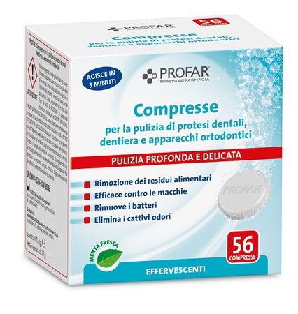PROFAR COMPRESSE PULIZIA PROTESI DENTALI-DENTIERA-APPARECCHI ORTODONTICI 56 PEZZI image not present