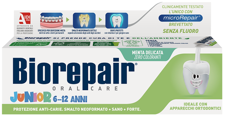 BIOREPAIR ORAL CARE JUNIOR 6-12 ANNI DENTIFRICIO PROTEZIONE ANTI CARIE SMALTO NEOFORMATO ALLA MENTA DELICATA 75 ML image not present
