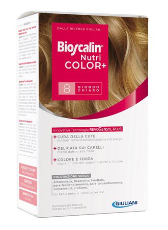 BIOSCALIN NUTRICOLOR PLUS 8 BIONDO CHIARO CREMA COLORANTE 40 ML + RIVELATORE CREMA 60 ML + SHAMPOO 12 ML + TRATTAMENTO FINALE BALSAMO 12 ML image not present