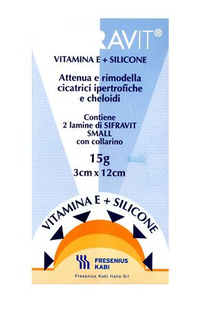 PLACCA IN SILICONE E VITAMINA E SIFRAVIT DIMENSIONI 3X12CM. INDICATA NEL TRATTAMENTO DI CHELOIDI E CICATRICI IPERTROFICHE CONSEGUENTI AD INTERVENTI CHIRURGICI USTIONI E FERITE image not present