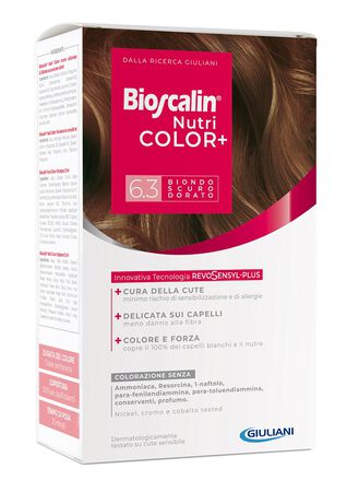 BIOSCALIN NUTRICOLOR PLUS 6,3 BIONDO SCURO DORATO CREMA COLORANTE 40 ML + RIVELATORE CREMA 60 ML + SHAMPOO 12 ML + TRATTAMENTO FINALE BALSAMO 12 ML image not present