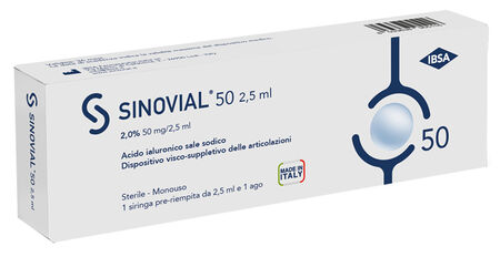 SIRINGA INTRA-ARTICOLARE SINOVIAL 50 ACIDO IALURONICO 2% 50 MG/2,5 ML 1 FS + AGO GAUGE 21 1 PEZZO image not present
