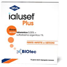 GARZA IALUSET PLUS IMPREGNATA DI CREMA DI ACIDO IALURONICO 0,05%, DI SULFADIAZINA ARGENTICA 1%, MACROGOL, GLICEROLO E ACQUA 10 X 10 CM 10 PEZZI
