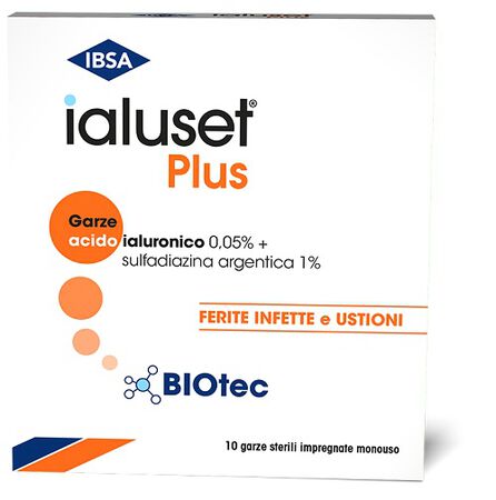 GARZA IALUSET PLUS IMPREGNATA DI CREMA DI ACIDO IALURONICO 0,05%, DI SULFADIAZINA ARGENTICA 1%, MACROGOL, GLICEROLO E ACQUA 10 X 10 CM 10 PEZZI image not present