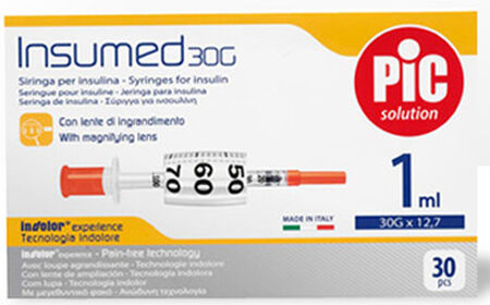 SIRINGA INSULINA PIC INSUMED 1 ML 100 UI AGO GAUGE 30 12,7 MM SENZA SPAZIO MORTO 30 PEZZI image not present