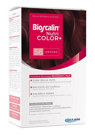 BIOSCALIN NUTRICOLOR PLUS 5,6 MOGANO CREMA COLORANTE 40 ML + RIVELATORE CREMA 60 ML + SHAMPOO 12 ML + TRATTAMENTO FINALE BALSAMO 12 ML image not present