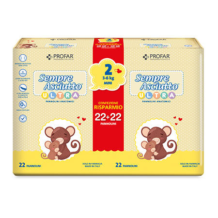 PANNOLINI PROFAR SEMPRE ASCIUTTO ULTRA MINI 3/6 KG BIPACCO 22+22 PEZZI image not present