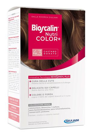 BIOSCALIN NUTRICOLOR PLUS 4,3 CASTANO DORATO CREMA COLORANTE 40 ML + RIVELATORE CREMA 60 ML + SHAMPOO 12 ML + TRATTAMENTO FINALE BALSAMO 12 ML image not present