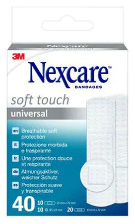 CEROTTO PREPARATO 3M NEXCARE SOFT TOUCH UNIVERSAL 3 MISURE 20 CEROTTI 19X72MM + 10 CEROTTI 25X72MM + 10 CEROTTI TONDI 22,5MM image not present