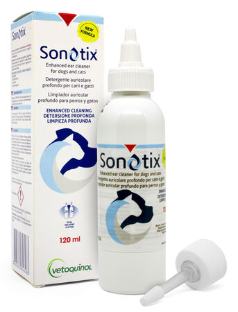 SONOTIX DETERGENTE AURICOLARE PROFONDO CANI E GATTI FLACONE 120 ML + CANNULA CORTA RIGIDA + CANNULA LUNGA FLESSIBILE image not present