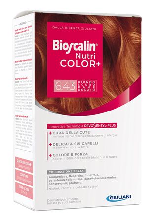 BIOSCALIN NUTRICOLOR PLUS 6,43 BIONDO SCURO RAME DORATO CREMA COLORANTE 40 ML + RIVELATORE CREMA 60 ML + SHAMPOO 12 ML + TRATTAMENTO FINALE BALSAMO 12 ML image not present