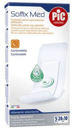 CEROTTO PIC SOFFIX MED IN TNT CON TAMPONE CENTRALE ASSORBENTE STERILE MONOUSO 10X20 CM ANTIBATTERICO 5 PEZZI image not present