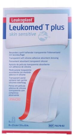 LEUKOMED T PLUS SKIN SENSITIVE MEDICAZIONE POST-OPERATORIA TRASPARENTE IMPERMEABILE CON MASSA ADESIVA AL SILICONE 8X15CM 5 PEZZI image not present