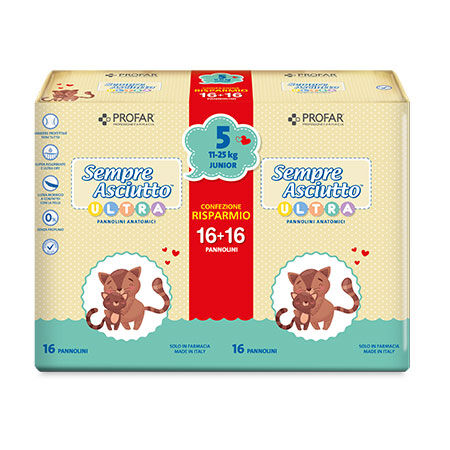 PANNOLINI PROFAR SEMPRE ASCIUTTO ULTRA JUNIOR 11/25 KG BIPACCO 16+16 PEZZI image not present