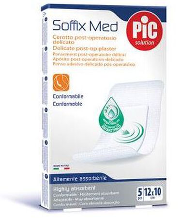 CEROTTO PIC SOFFIX MED IN TNT CON TAMPONE CENTRALE ASSORBENTE STERILE MONOUSO 10X12 CM ANTIBATTERICO 5 PEZZI image not present