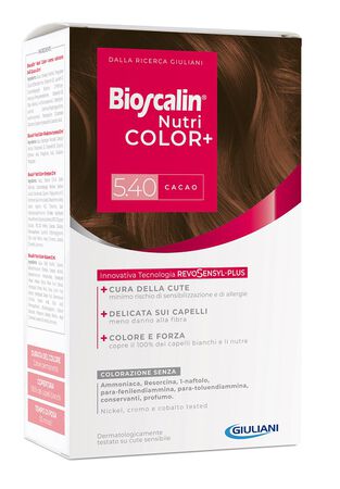 BIOSCALIN NUTRICOLOR PLUS 5,40 CACAO CREMA COLORANTE 40 ML + RIVELATORE CREMA 60 ML + SHAMPOO 12 ML + TRATTAMENTO FINALE BALSAMO 12 ML image not present